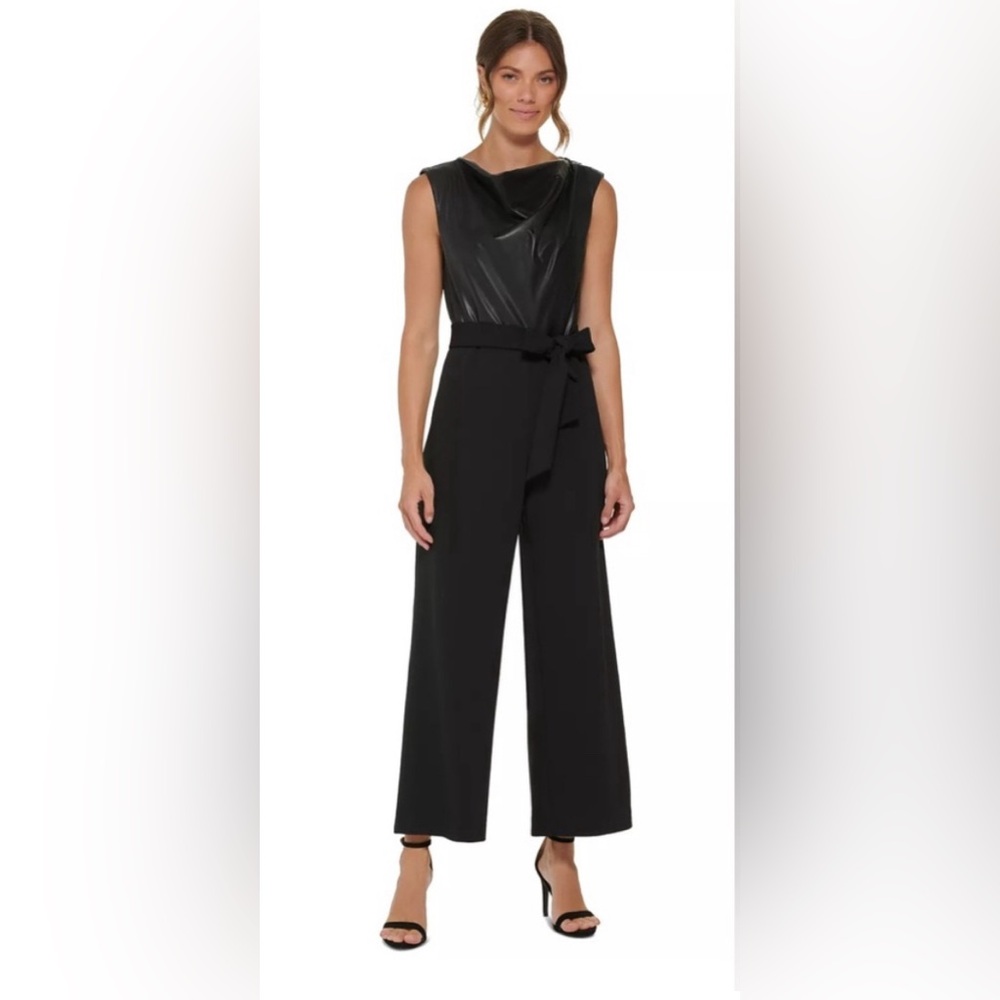 DKNY Mixed-Media Tie-Waist Jumpsuit